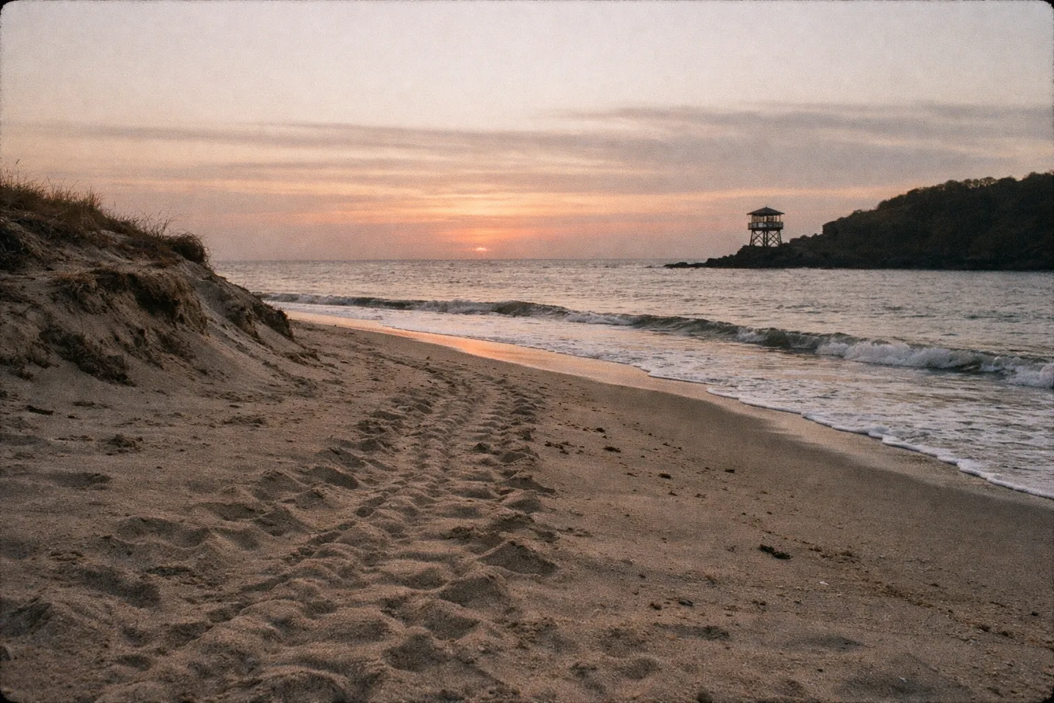 Turtle tracks and dune line along Nancite Beach at twilight, no people