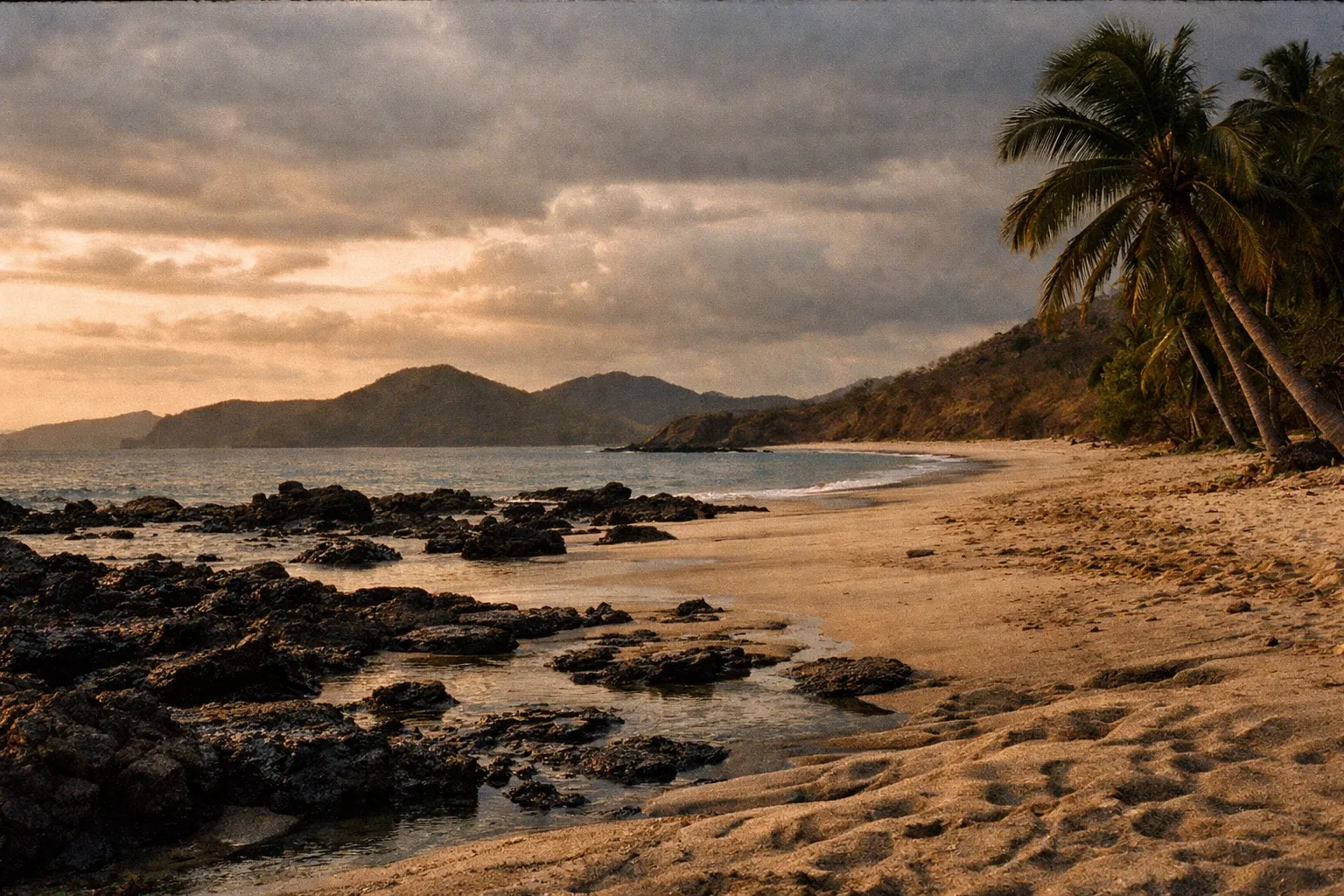 Secluded beach at El Jobo with rugged rocks, palm trees, and a moody sky