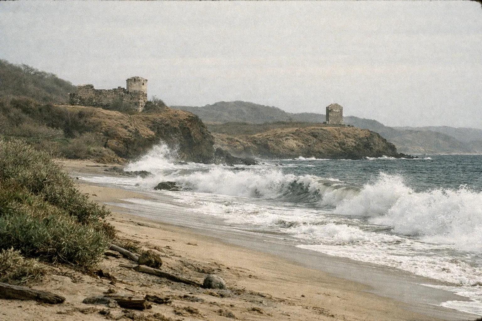 Historic coastal line of Santa Rosa Park with surf and a distant fort ruin