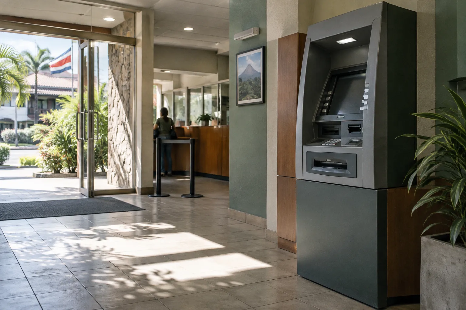 An ATM stands in a hotel lobby in Costa Rica, beside an entrance with the country's flag outside.