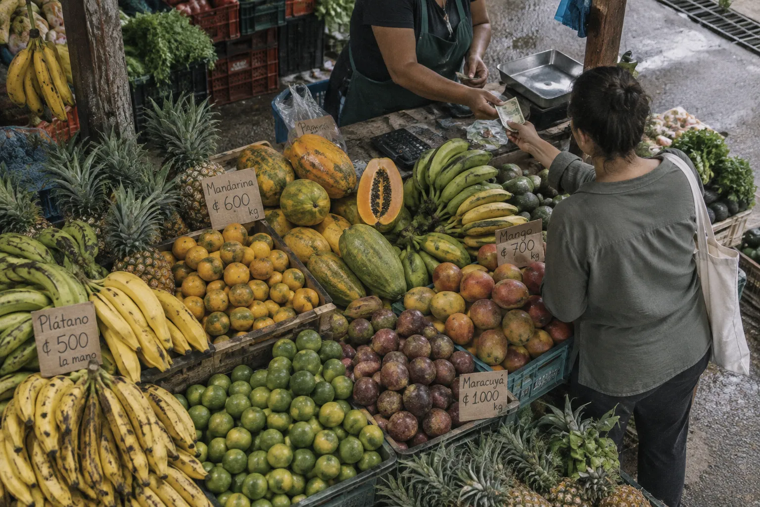 A shopper pays a vendor at a fruit market in Costa Rica.