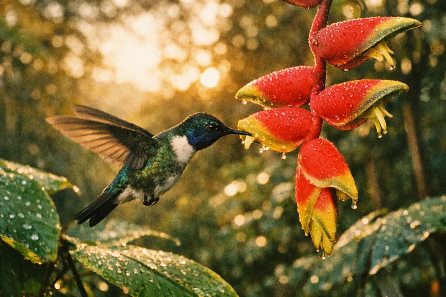 Hummingbird at a nectar bloom in Costa Rica rainforest at dawn