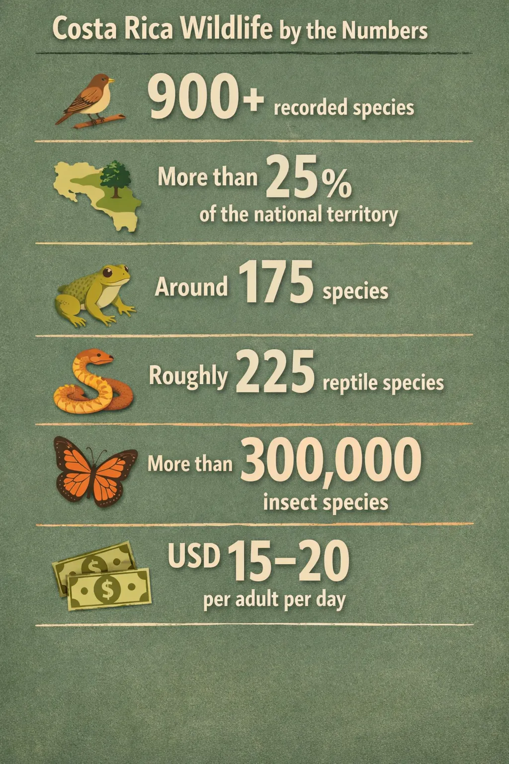 Infographic showing Costa Rica wildlife counts: 900-plus bird species, more than 25% of the national territory protected