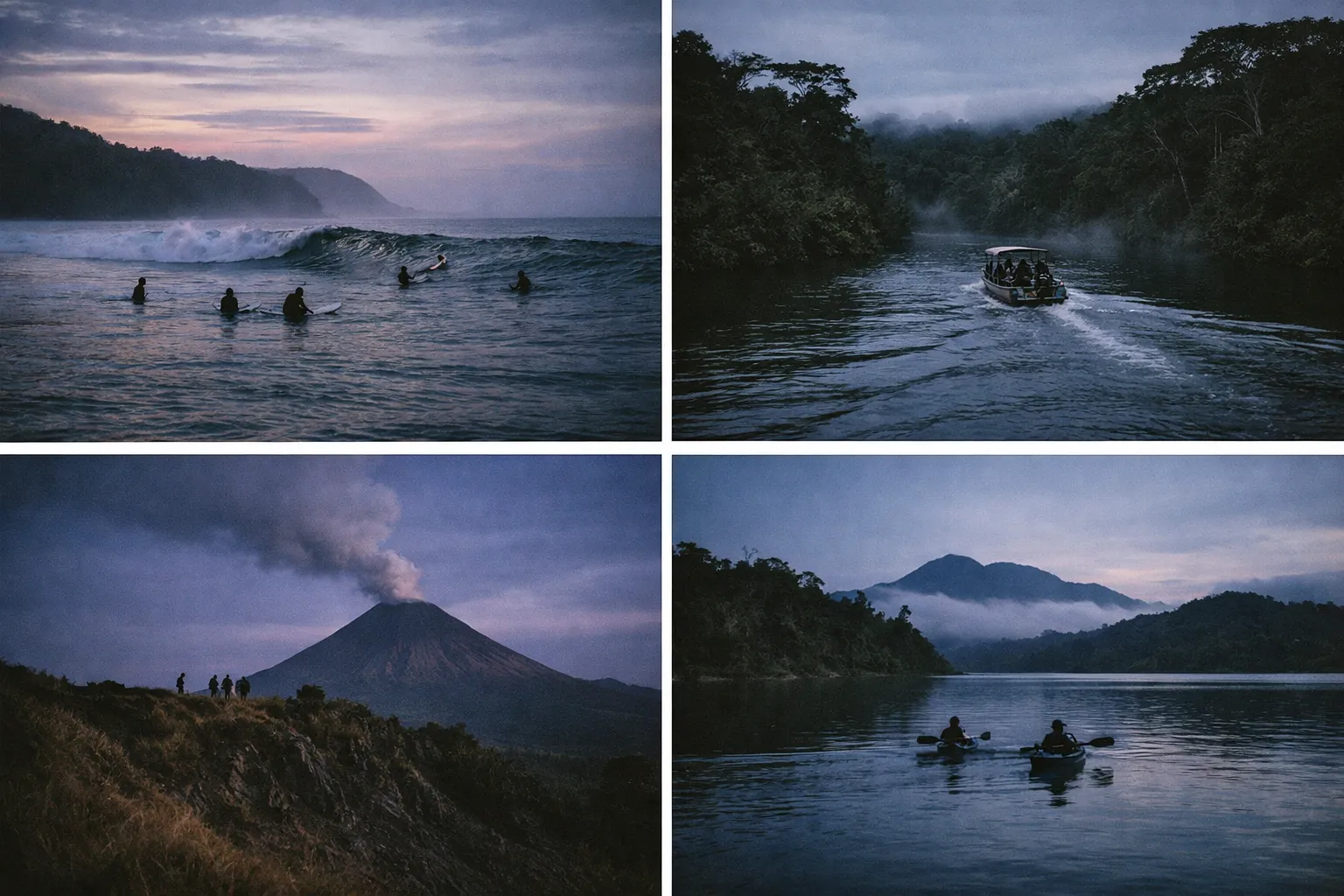 Surfers, boaters, hikers, and kayakers explore coastal waters, a river, and a smoking volcano in lush mountain settings.
