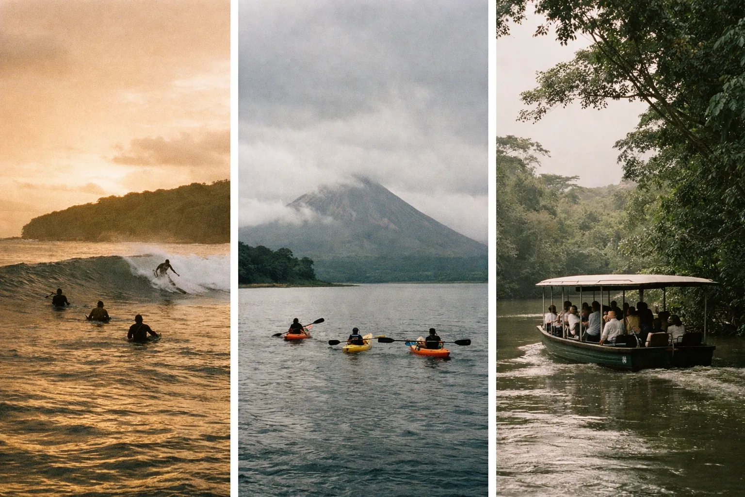 Surfers ride waves, kayakers paddle near a volcano, and tourists cruise a rainforest river in Costa Rica.