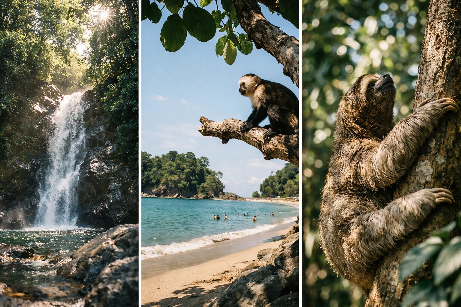 A waterfall in dense forest, a monkey on a tree by a beach, and a sloth climbing a tree in the jungle.