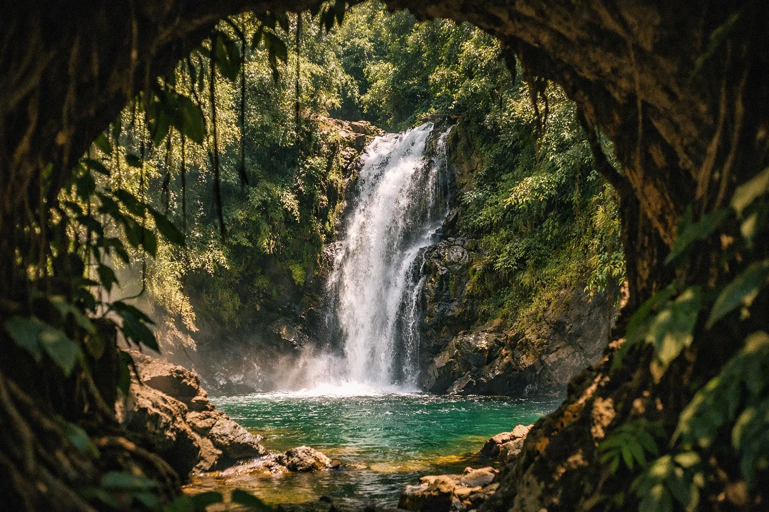 A waterfall cascades into a turquoise pool surrounded by lush jungle vegetation.