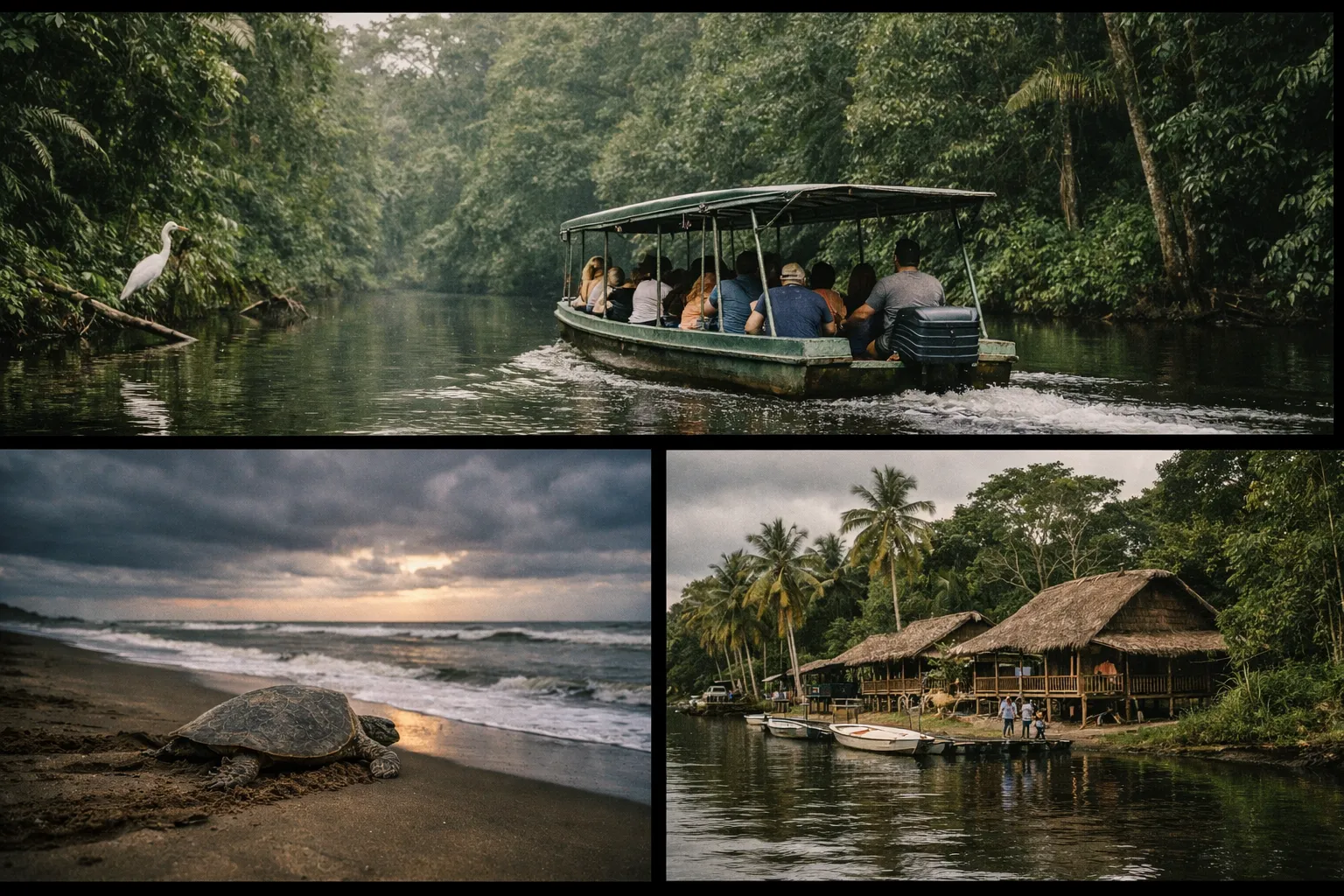 A boat with tourists travels a jungle canal, a sea turtle is on the beach, and thatched lodges stand by the water in