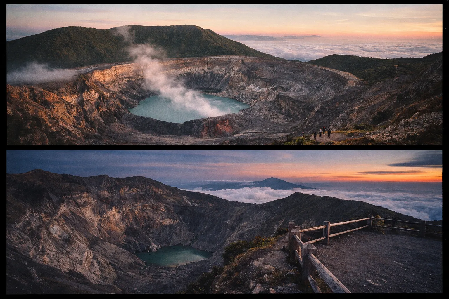 View of the Poás Volcano crater with a turquoise lake and steam rising, surrounded by lush hills at sunrise.