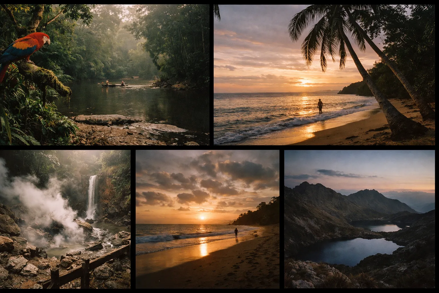 A collage shows a parrot in a jungle, kayakers on a river, people on tropical beaches, a steaming waterfall, and mountain