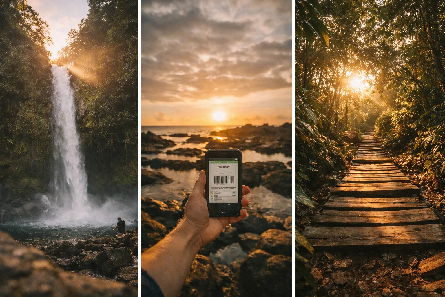 A waterfall in a lush forest, a rocky coastline at sunset, and a wooden path through dense greenery.