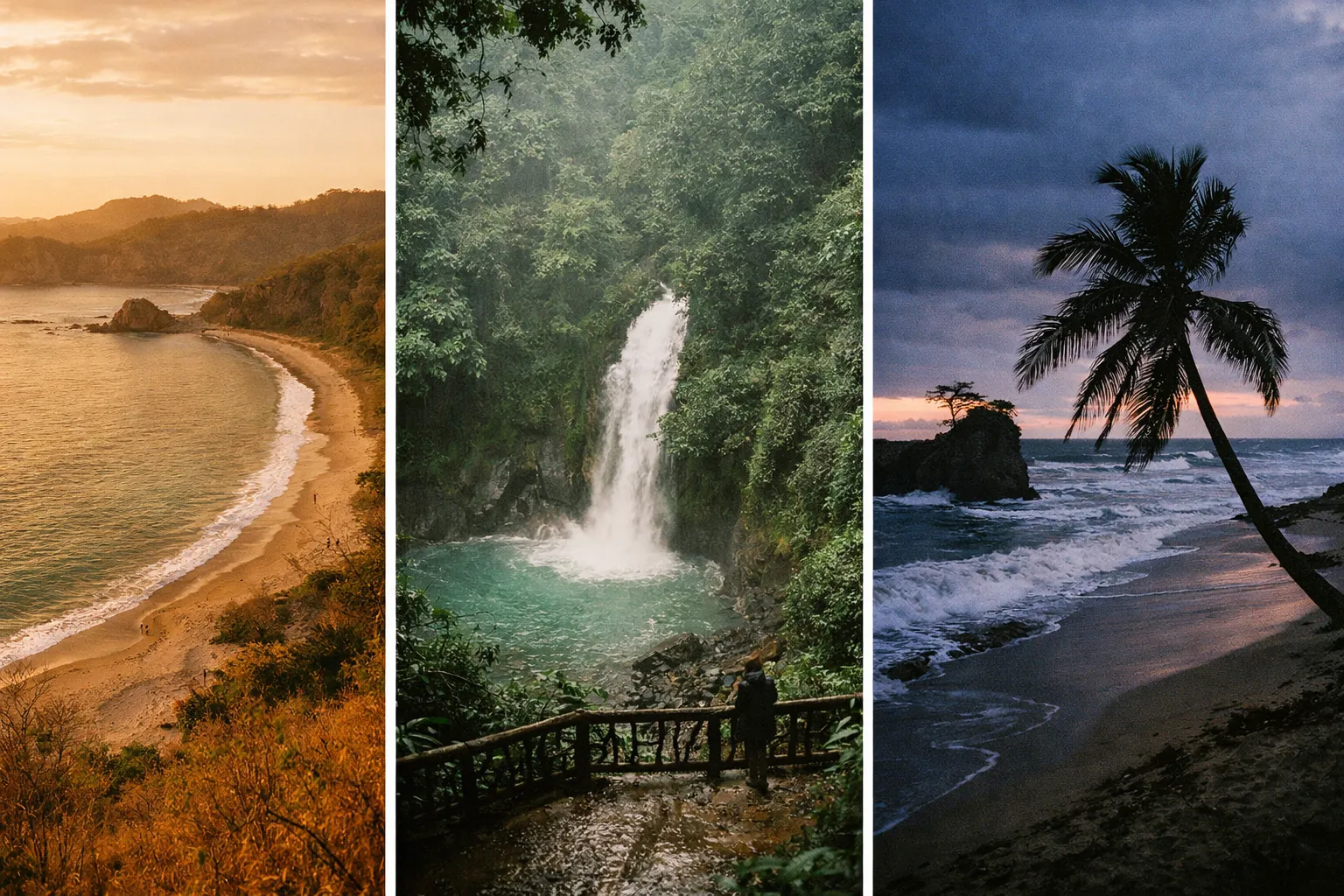 A curved beach at sunset, a lush waterfall in the forest, and a palm-lined shore at dusk in Costa Rica national parks.