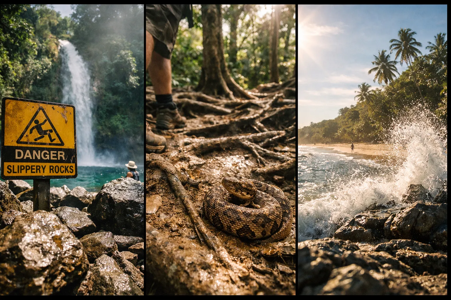 Waterfall with warning sign, hiker and snake on jungle trail, and beach with palm trees and crashing waves.