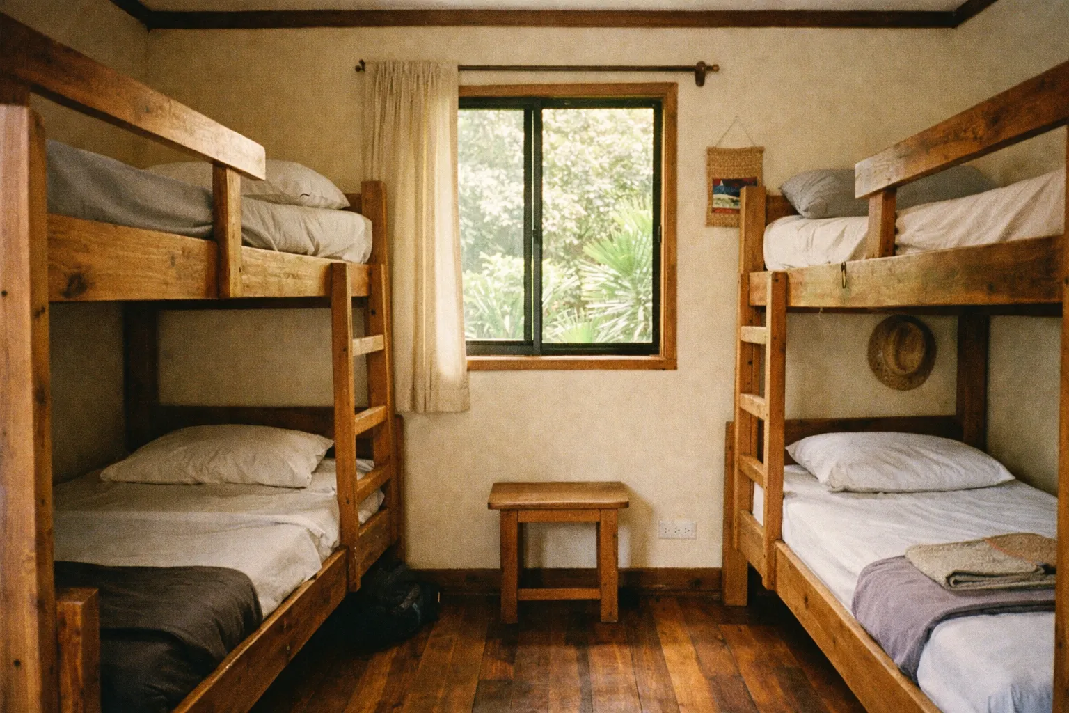 Budget hostel dorm interior with bunk beds and window light