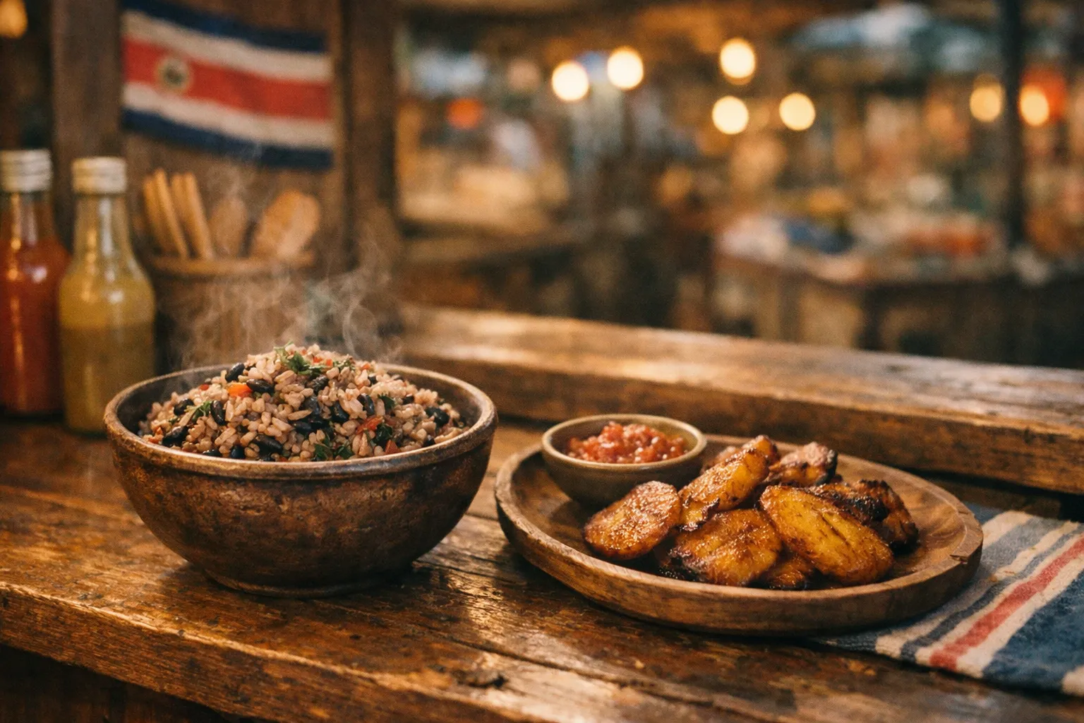 Close-up of gallo Pinto and plantains on a rustic wooden stall counter