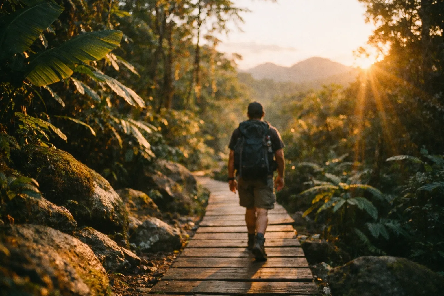 Hiker silhouette on a rainforest trail at golden hour, dense trees and misty distance