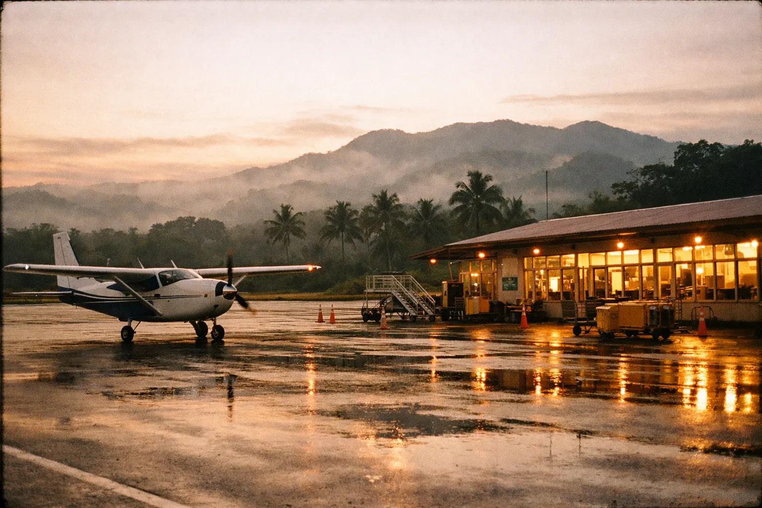 Regional airport at dawn with a small prop plane on the tarmac, palm trees in view