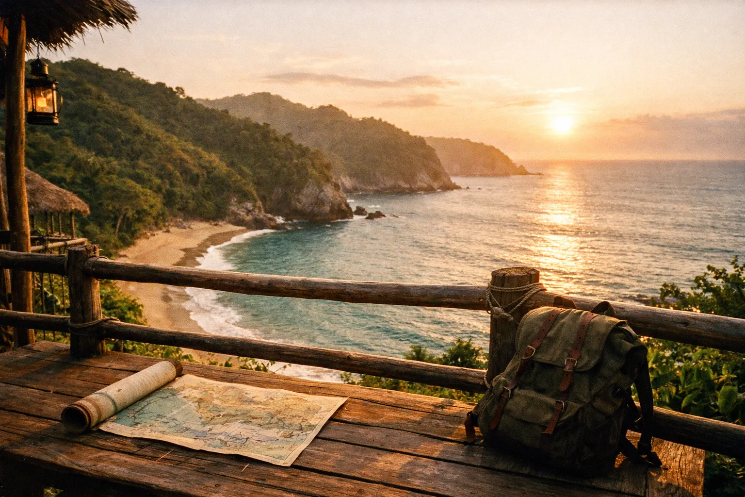Eco-lodge overlook over a beach with a backpack on the deck