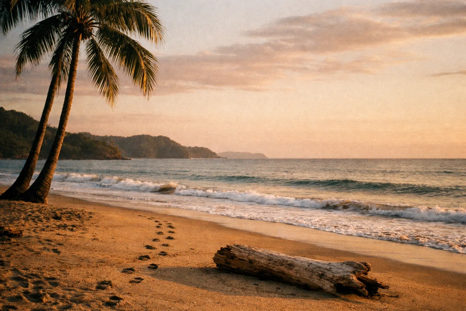 Beach at golden hour with palm silhouettes, driftwood, and footprints in the sand
