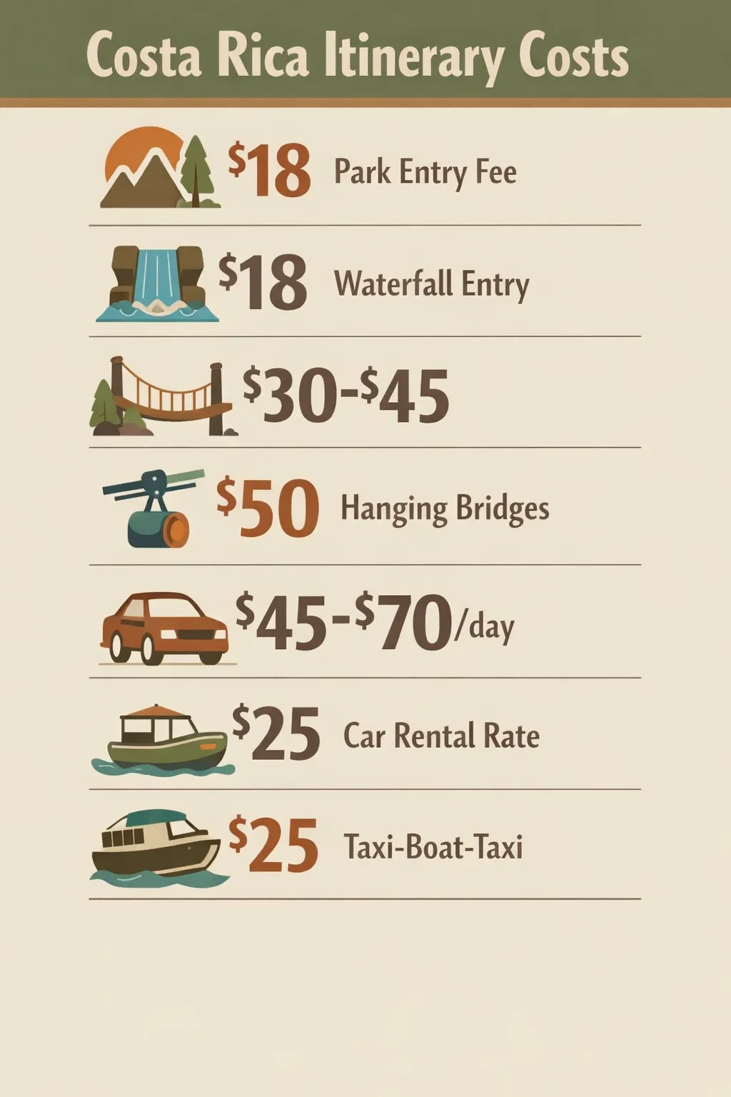 Key costs for a Costa Rica itinerary including park entry $18 for adults, waterfall entry $18, hanging bridges $30-$45