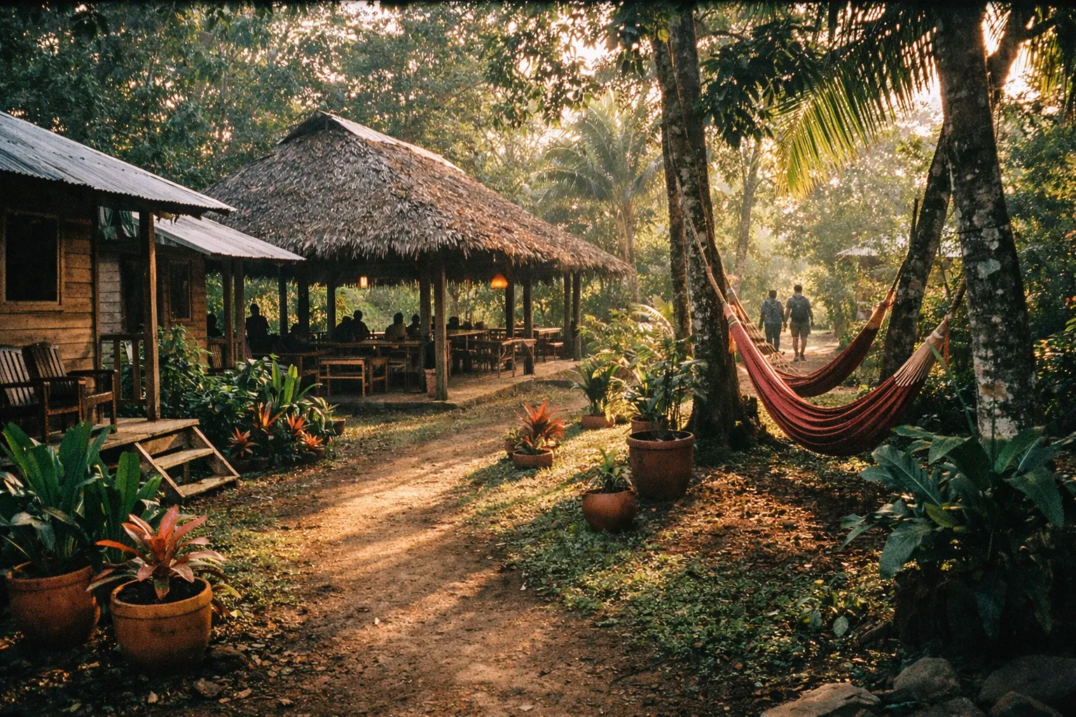 Budget-friendly eco-lodge yard with wooden cabins, shared dining hut, and hammocks in a tropical garden