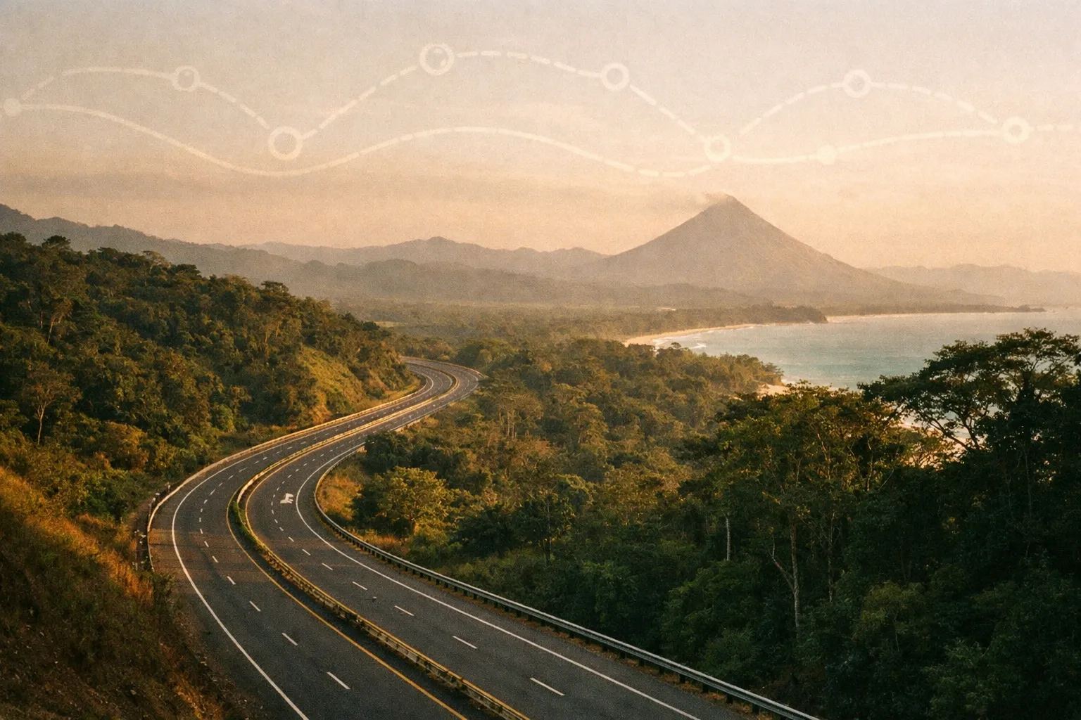 Winding Costa Rican highway through varied landscapes at golden hour, with distant volcano and coastline