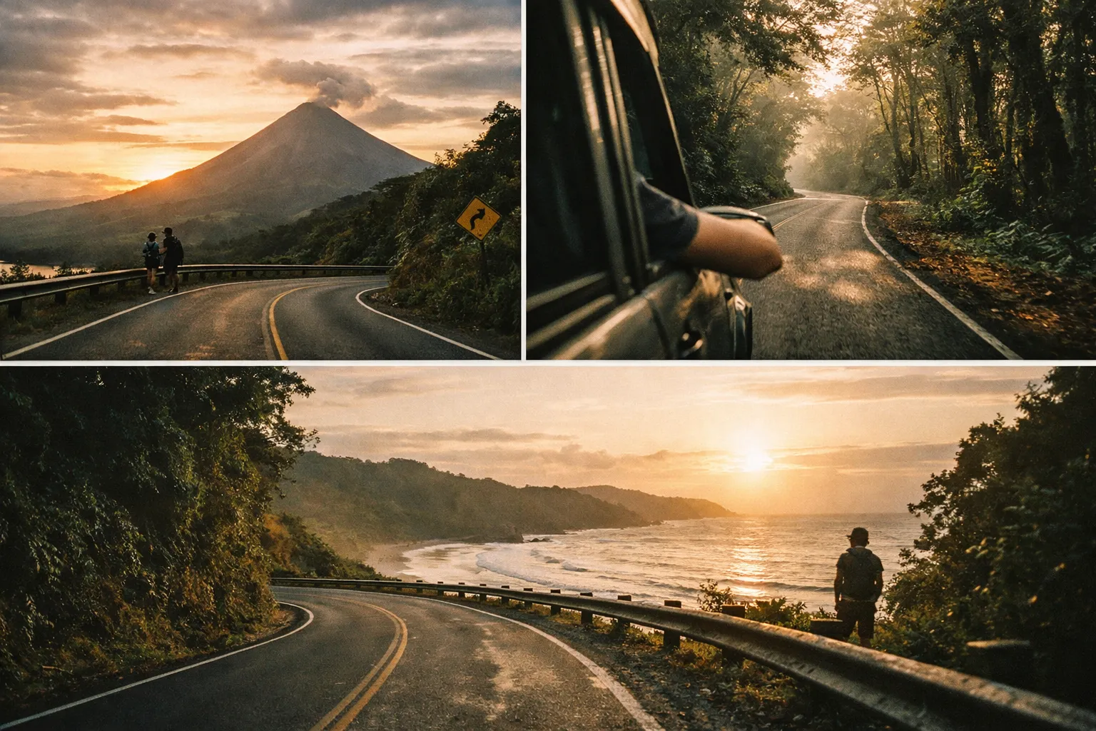 A winding road passes a smoking volcano, dense forest, and a coastal beach at sunset with people exploring the scenery.