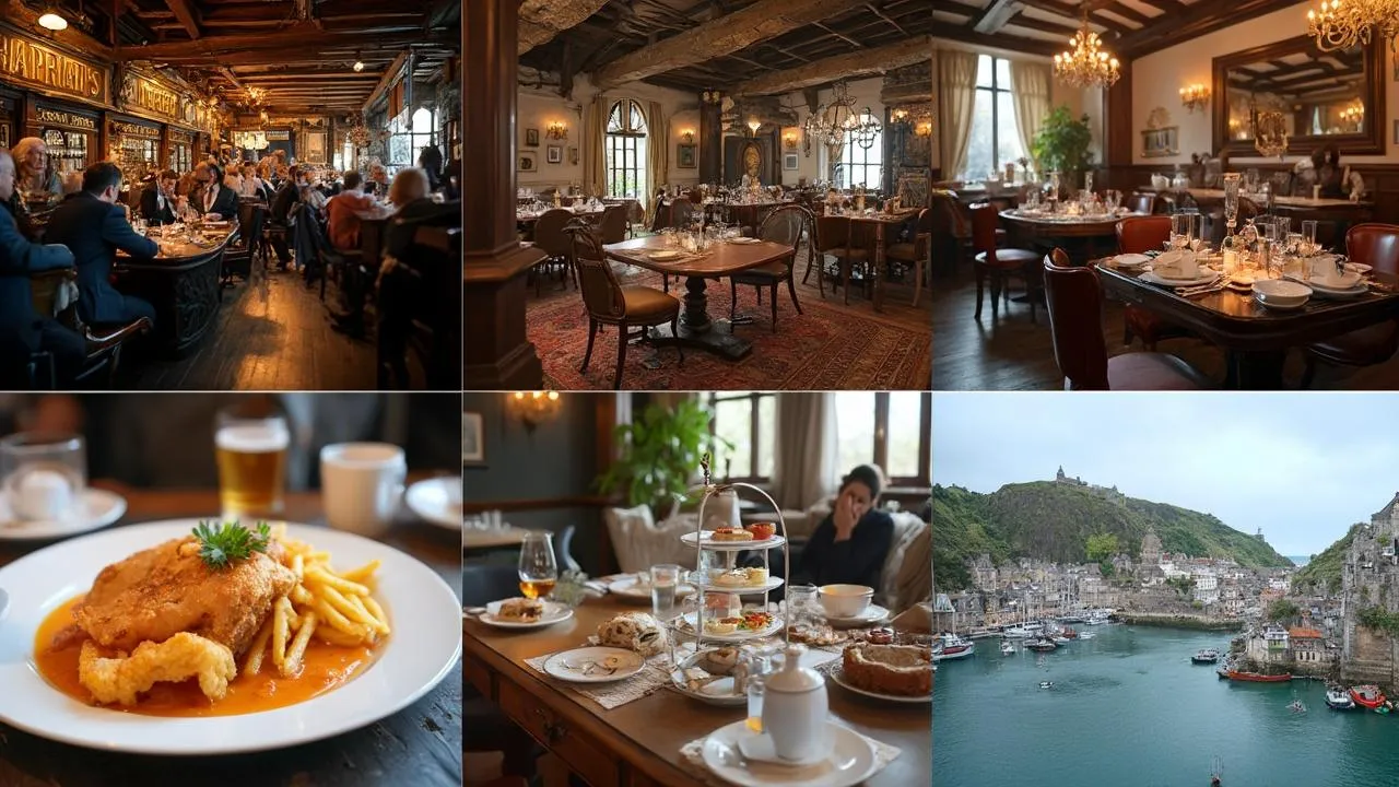 People dine in traditional pubs and elegant restaurants, with one image showing a harbor beside a historic town.