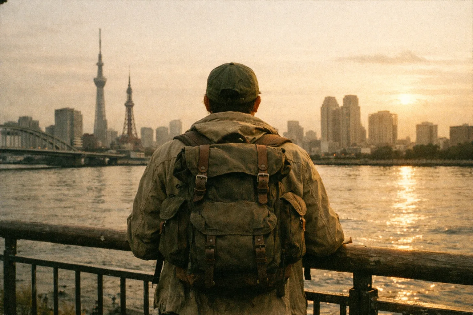 Traveler silhouette from behind on a riverside with a blended Tokyo and New York skyline in the distance