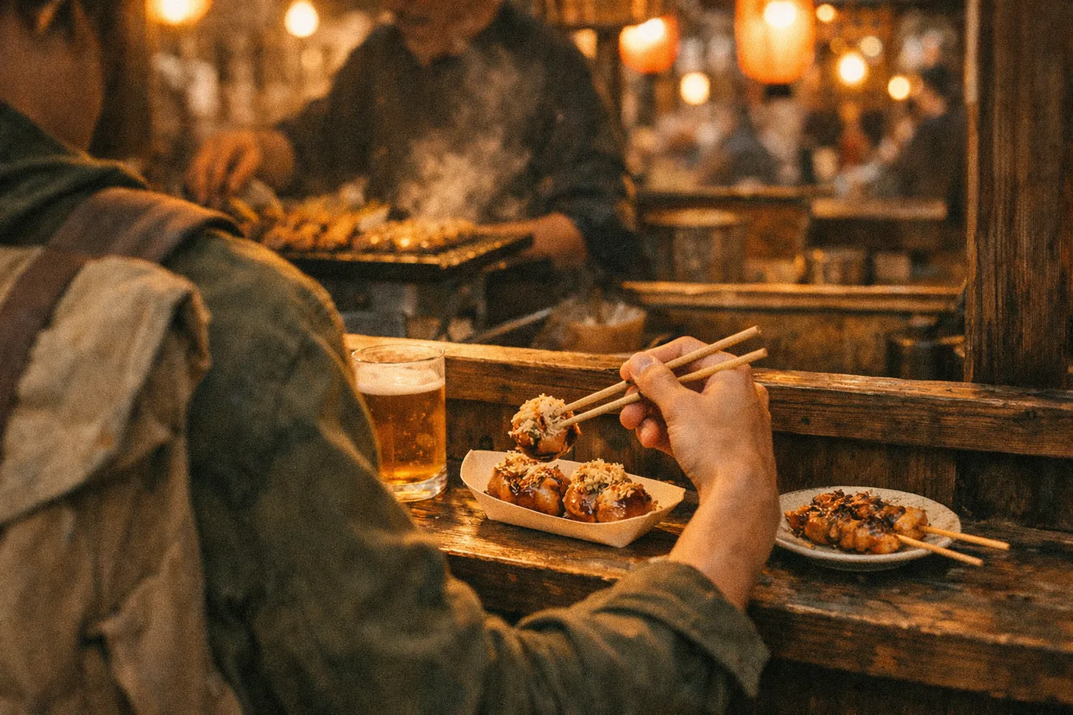 Hands of a traveler with chopsticks at an outdoor Japanese street-food stall, warm evening light, no faces visible