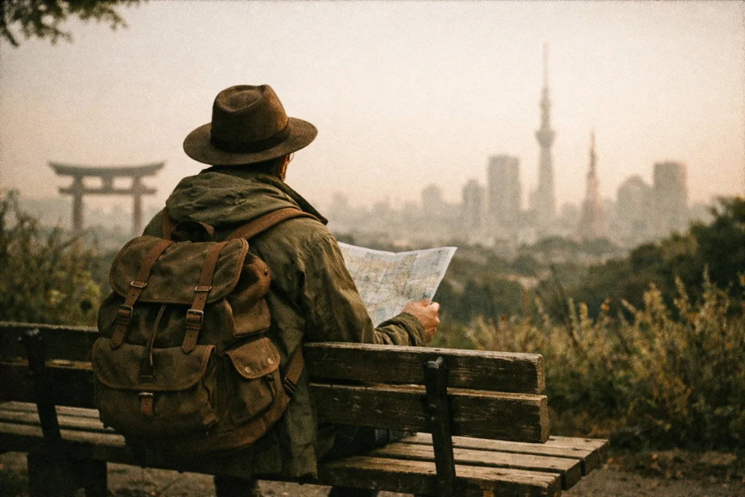 Traveler with a backpack studying a city map on a park bench with a distant Tokyo-like skyline in the background