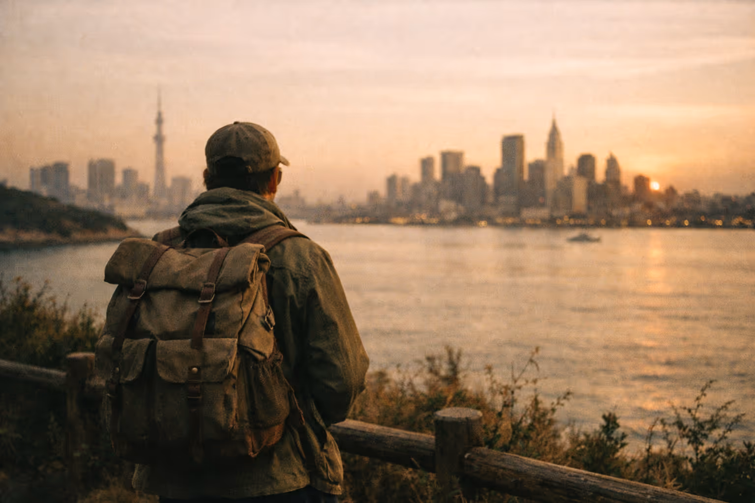 Silhouette of a traveler overlooking a horizon where a Tokyo-like skyline meets an American city, at golden hour