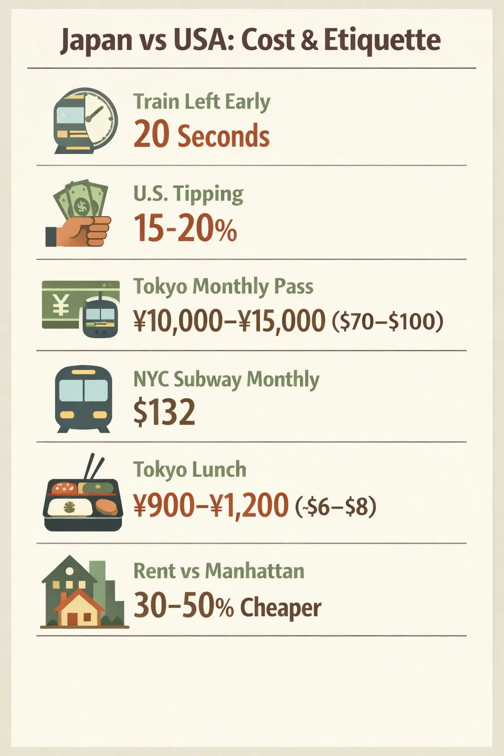 A compact, data-driven infographic showing tipping ranges, transit costs, lunch prices, and rent differences between Japan
