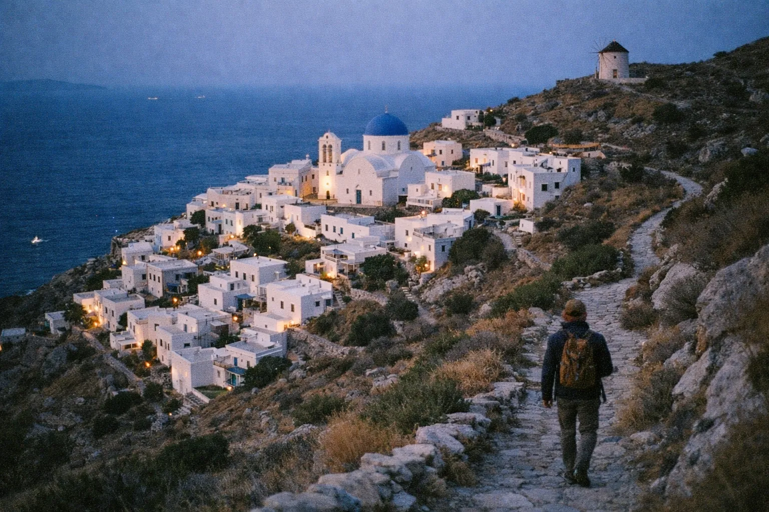 A person walks on a hillside path above whitewashed houses and a blue-domed church in a Cycladic island village.
