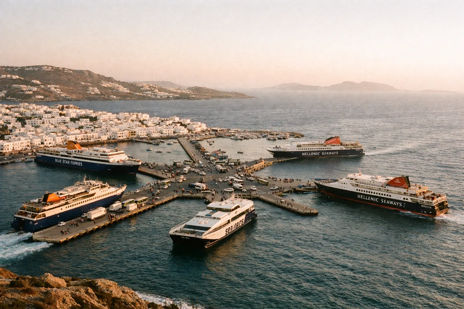 Several ferries docked at Mykonos port with white buildings on the hillside and the sea beyond.