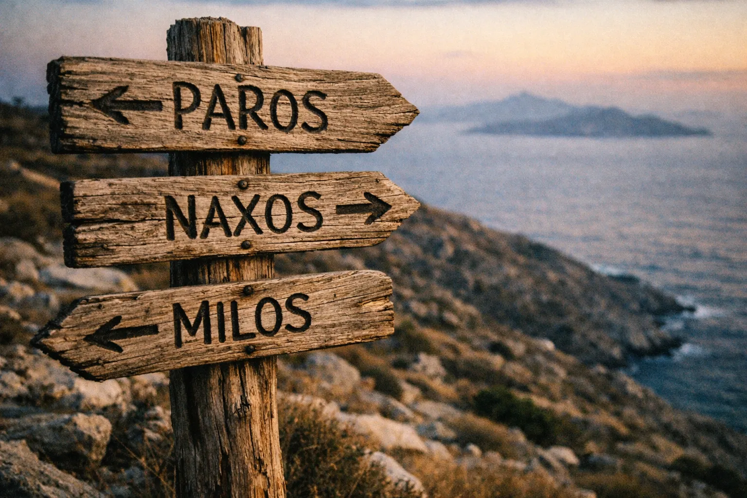 A rustic wooden sign points to Paros, Naxos, and Milos on a rocky coastline overlooking the sea.