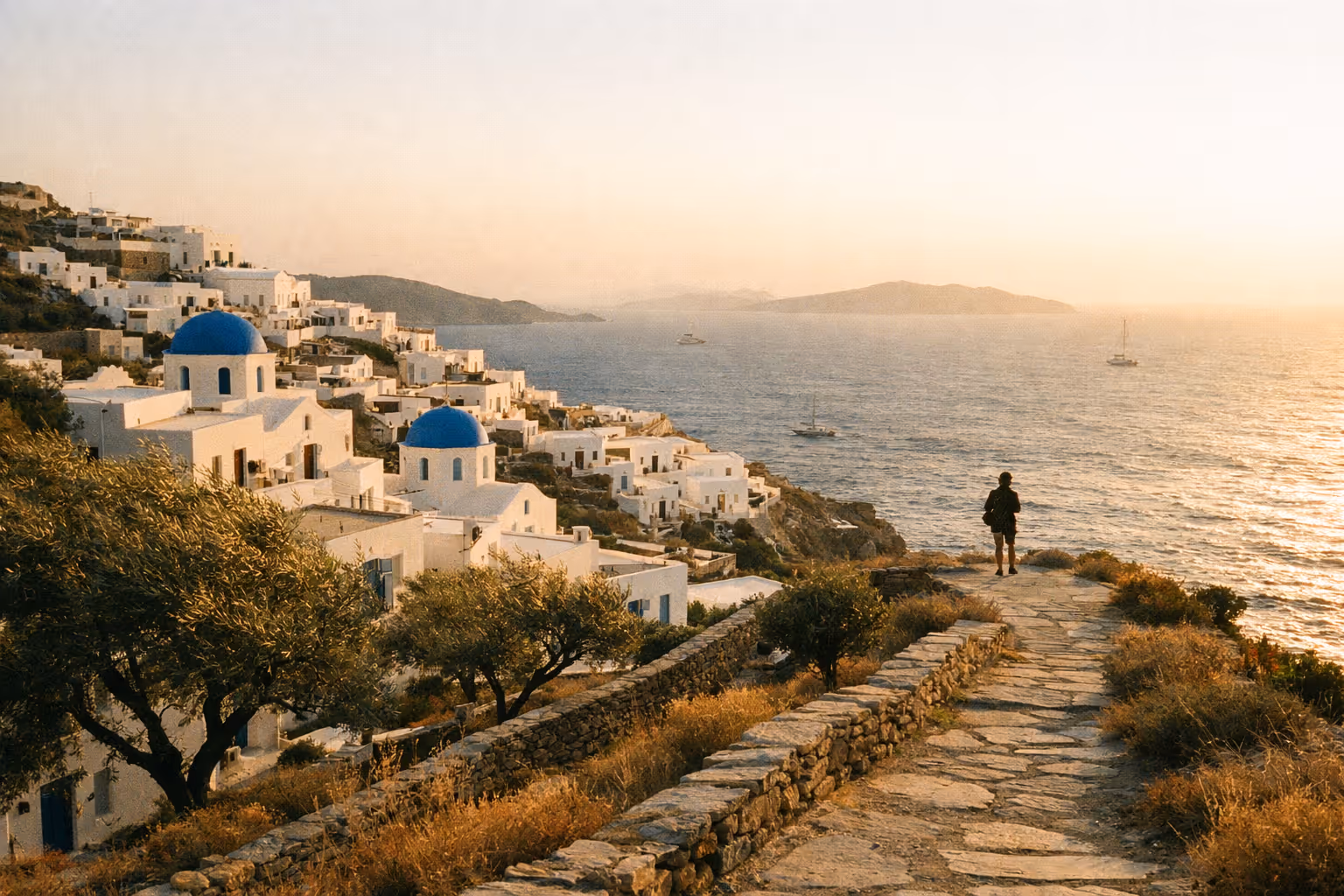 A person walks along a stone path overlooking white Cycladic houses with blue domes by the sea at sunset.
