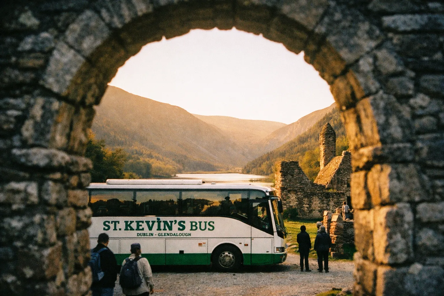 A St. Kevin's Bus parked near the ruins of Glendalough with mountains in the background.