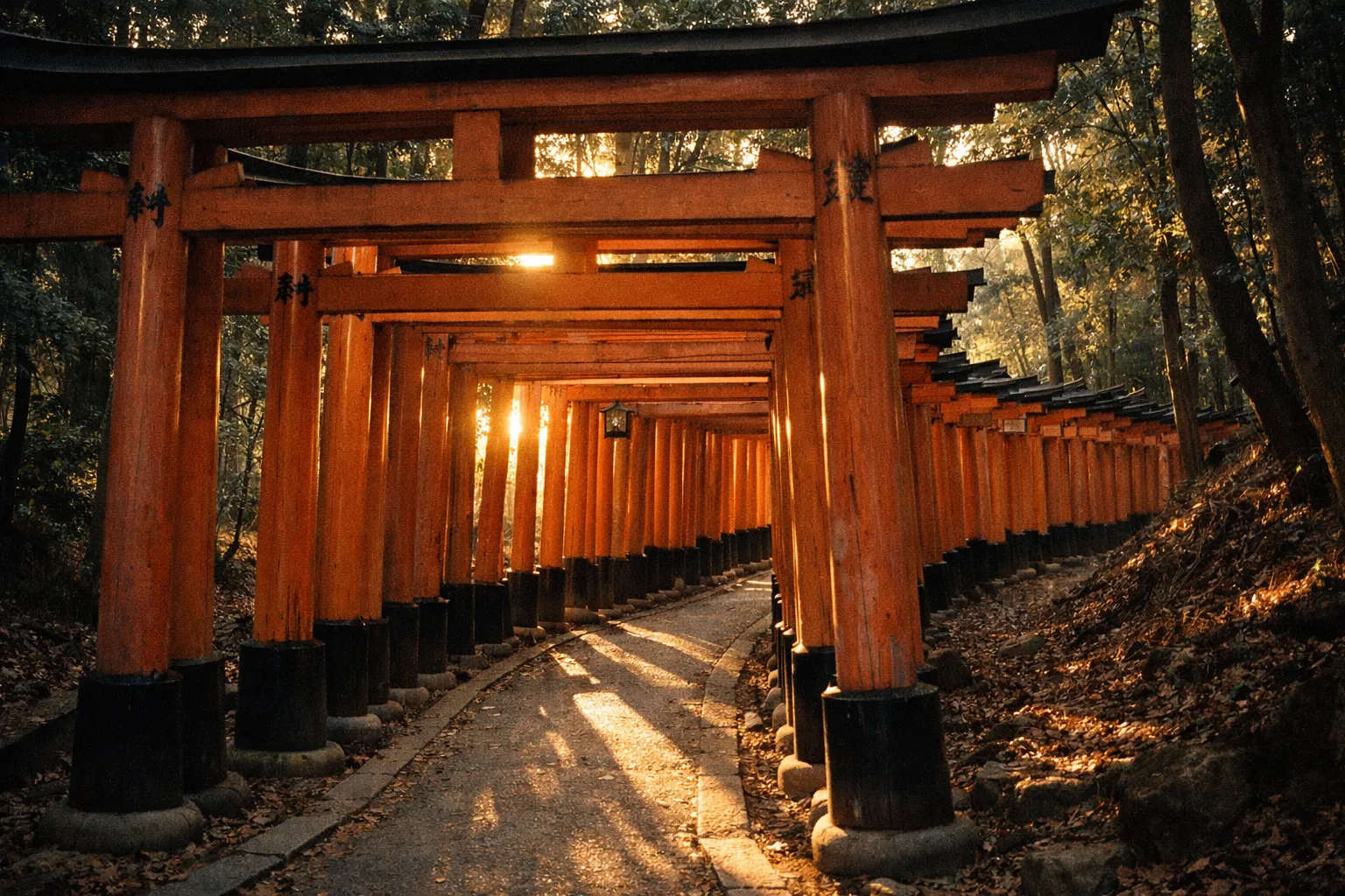 Winding path through vermilion torii gates at sunrise along a shrine trail