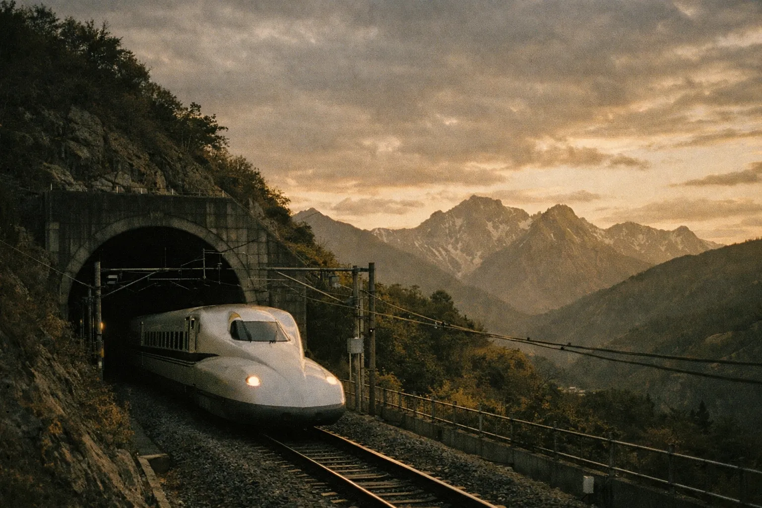 Silver Shinkansen bullet train exiting a mountain tunnel at golden hour