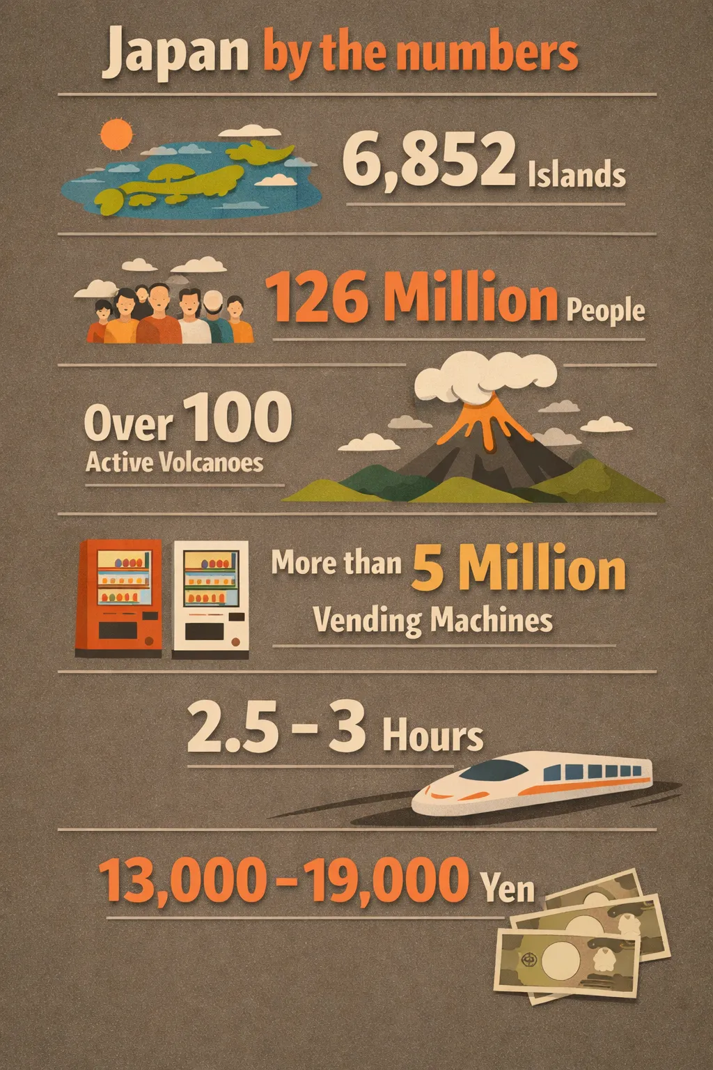 A vertical, clean flat-design infographic showing six key numeric facts about Japan: 6,852 islands, roughly 126 million