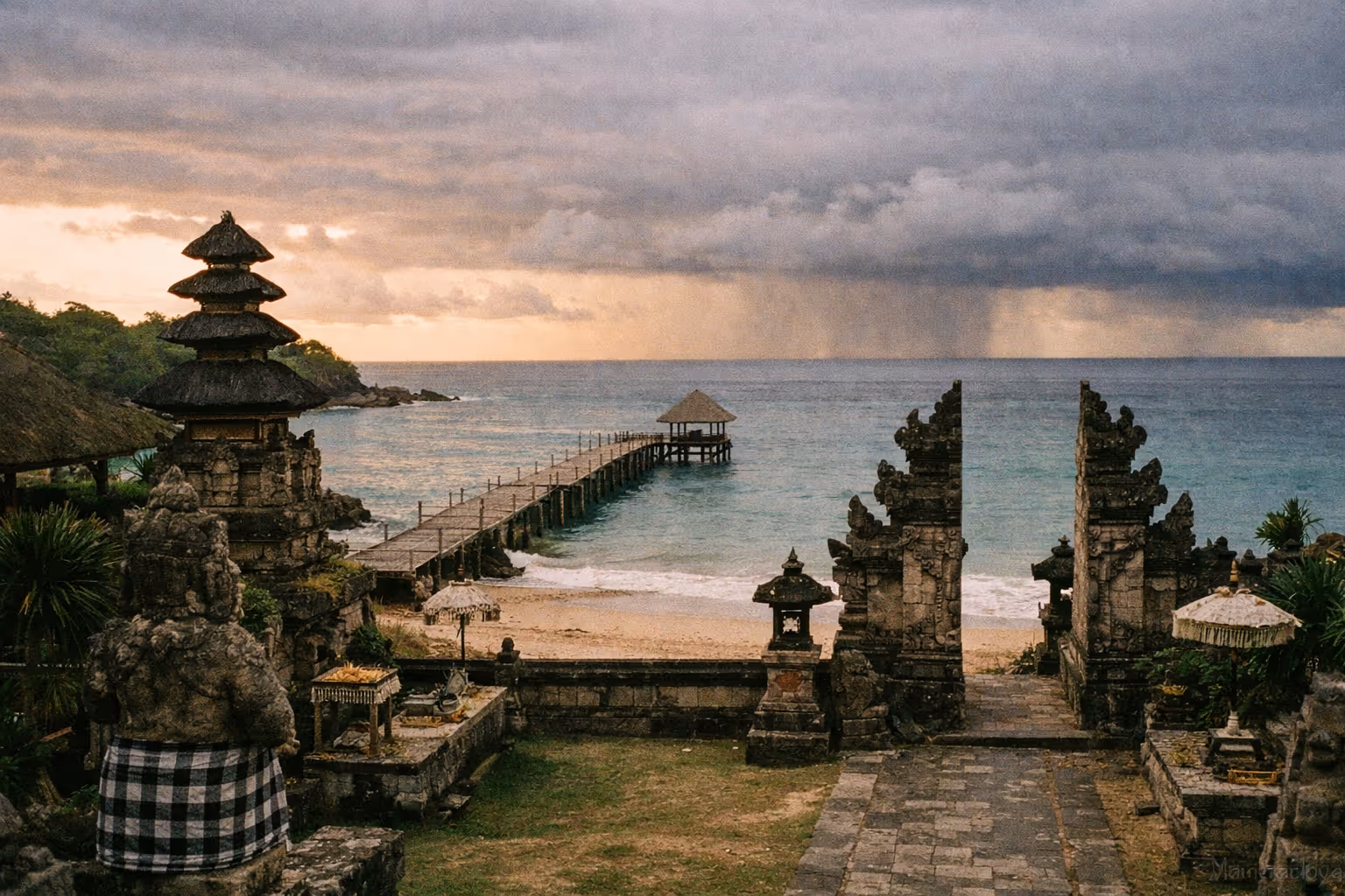 Hero Balinese landscape: temple, coastline, and dramatic sky at golden hour
