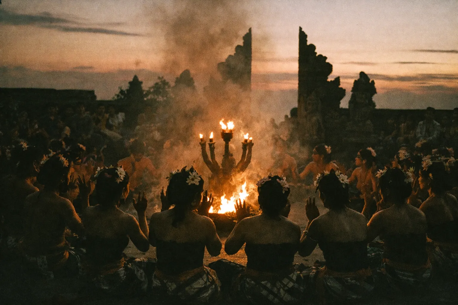 Silhouetted circle of performers around a central glow at dusk on an open-air stage for Kecak dance.