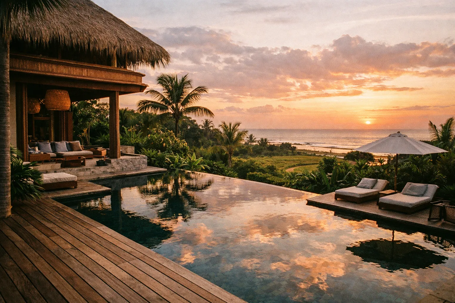 Luxurious Balinese villa with pool in Seminyak/Canggu at golden hour