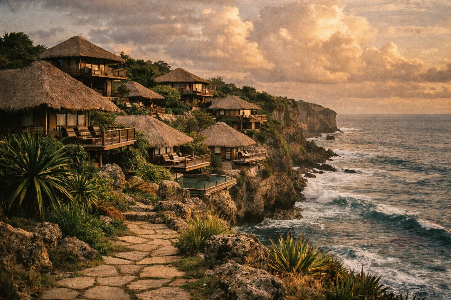 Eco-resort cliffside villas perched above a dramatic shoreline