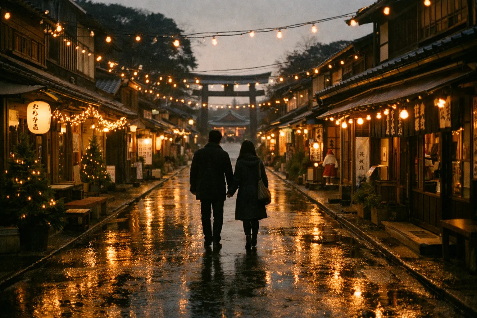 Silhouette of a couple walking down a street in Japan at night, Christmas lights overhead, warm glow reflecting on wet pavement.