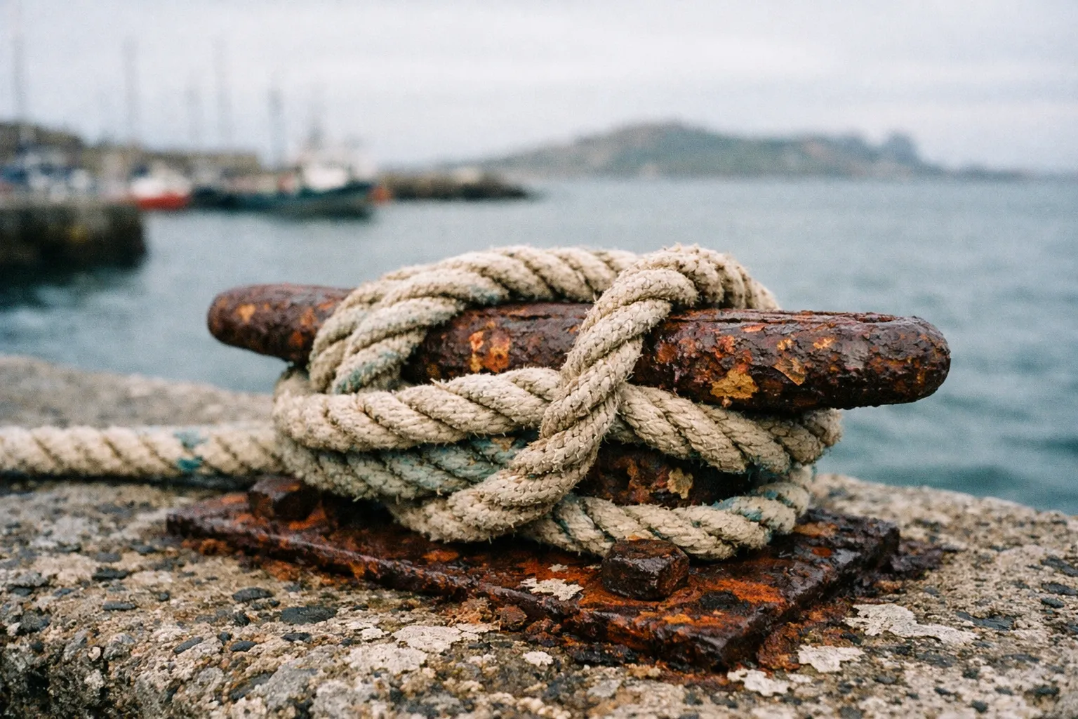 A thick rope is tied around a rusty mooring bollard on a stone pier by the sea, with boats in the background.