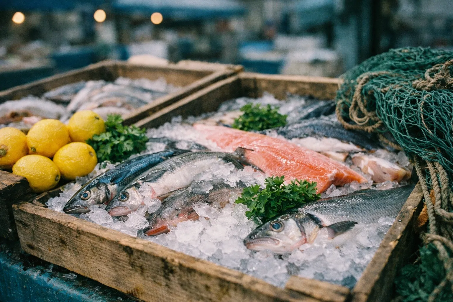 Fresh fish and lemons displayed on ice at an outdoor seafood market stall.
