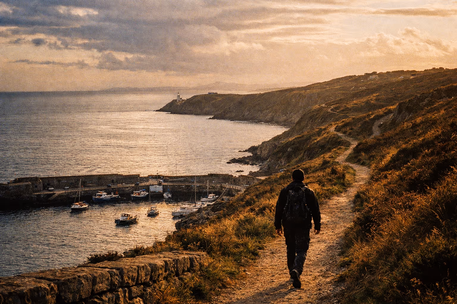 A person walks along a coastal path overlooking Howth Harbour and a lighthouse at sunset.