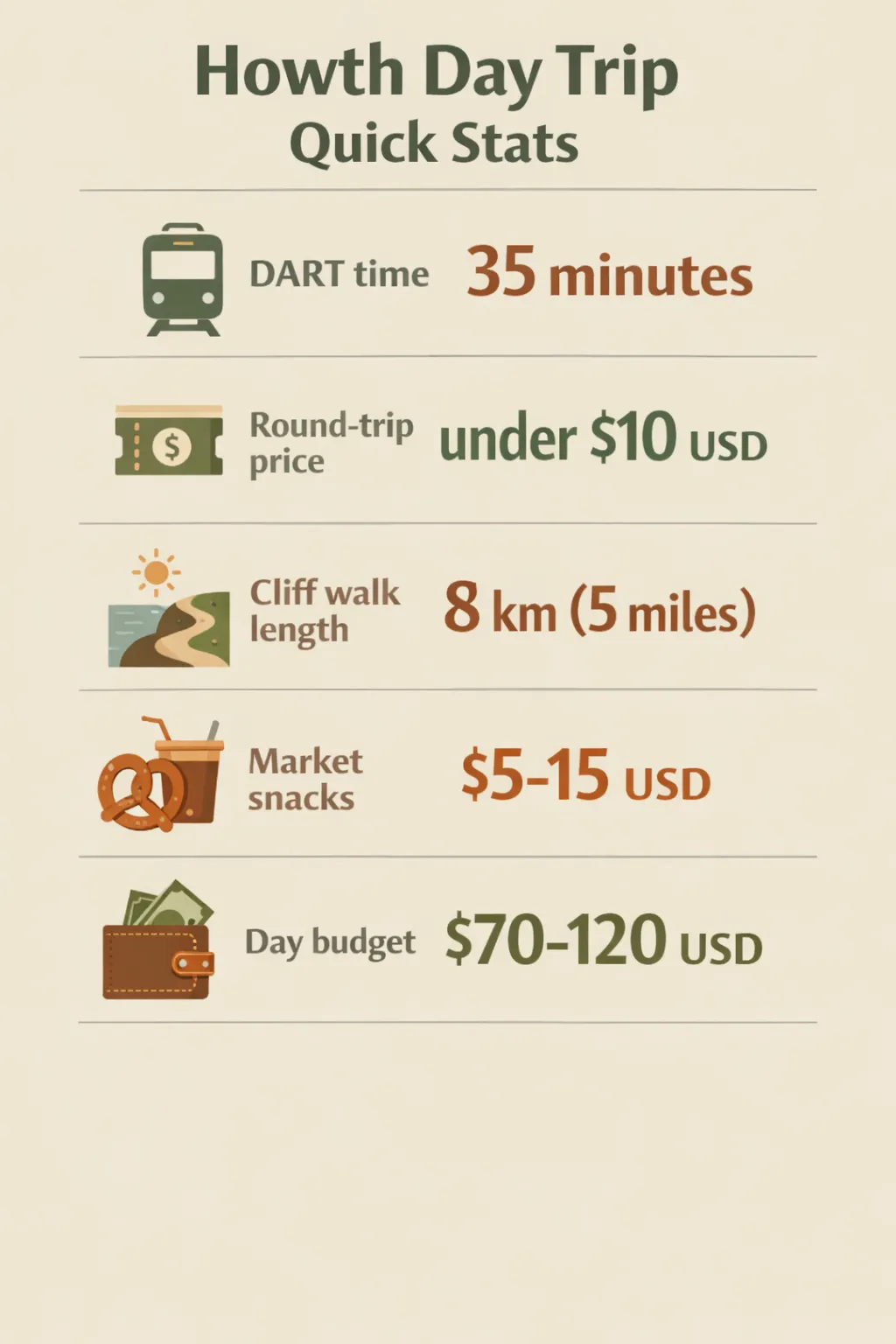 Howth day-trip stats: DART 35 minutes, round-trip under $10 USD, cliff walk length 8 km (5 miles), market snacks $5-15 USD